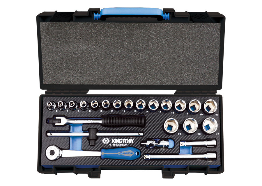KINGTONY-3/8" Socket set metric size 6 point with accessories - 23 pcs